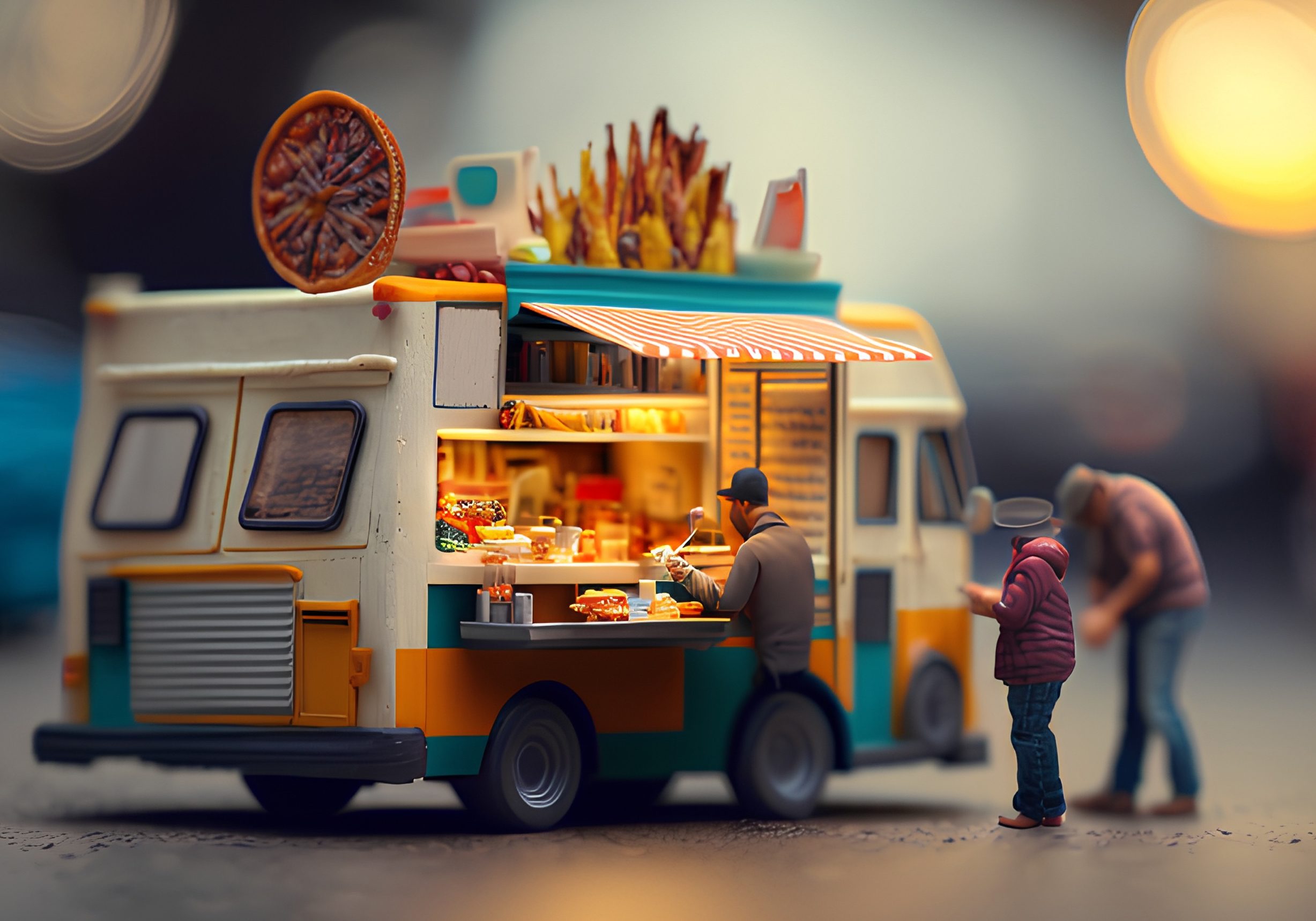 Miniature people :  Street food truck on the street with bokeh background